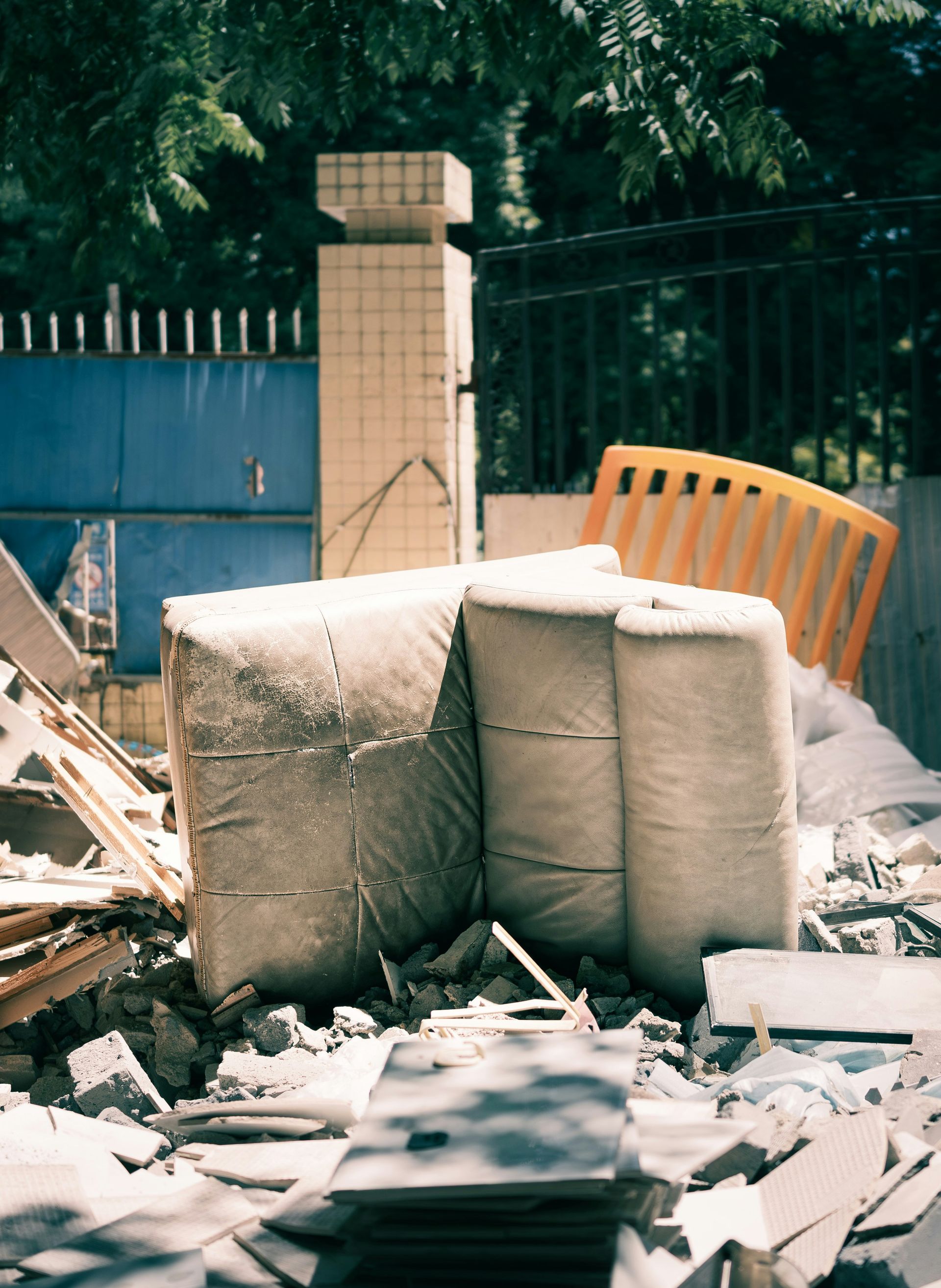 Debris and large wrapped objects in a construction site
